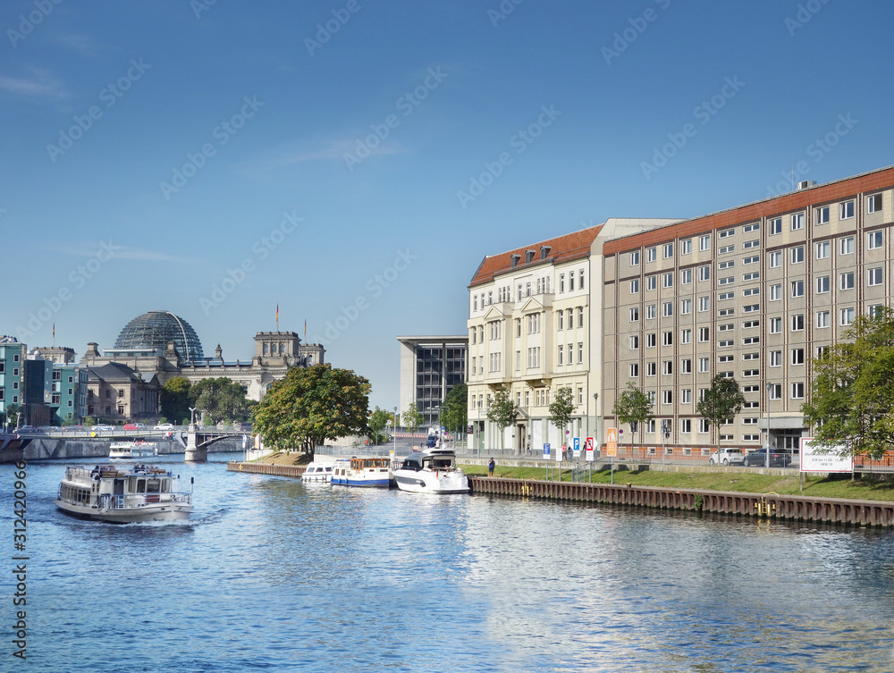 The Spree River in Berlin with Reichstag in the distance