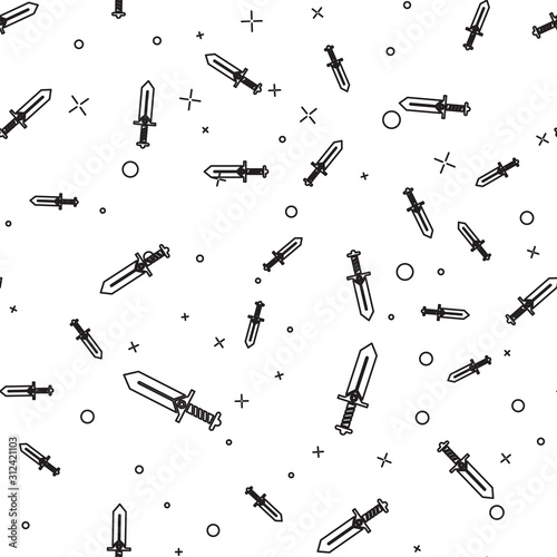 Black line Sword for game icon isolated seamless pattern on white background. Vector Illustration