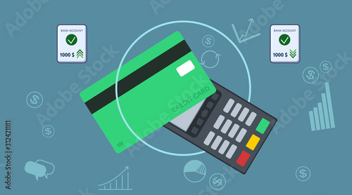 Payment terminal and debit credit card on the abstract background, online banking. Flat style. Vector illustration