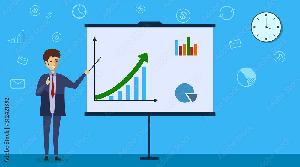 Businessman shows business plan on projector screen with the business strategy graphs and charts. Businessman cartoon character with infographics background. Flat style. Vector illustration Businessman shows business plan on projector screen with the business strategy graphs and charts. Businessman cartoon character with infographics background. Flat style. Vector illustration