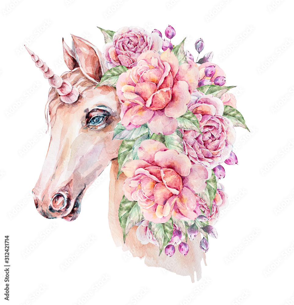 Obraz Ładny ręcznie malowany akwarela jednorożca ilustracja. Śliczny koń w kwiatowy wieniec. Idealny na logo, wesele lub kartki okolicznościowe, nadruk, wzór