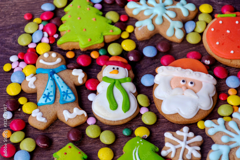 Christmas Gingerbread Man Cookies on a Wooden Background .Christmas Food