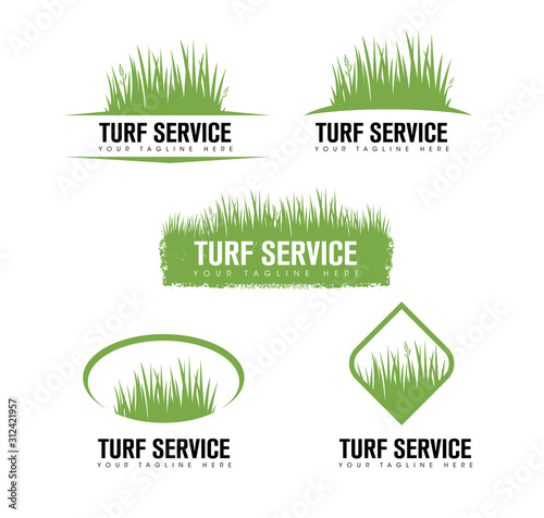 Turf Lawn And Garden Care Company Creative Design Element. Vector Grass And Tree Icon Set For Landscaping Company