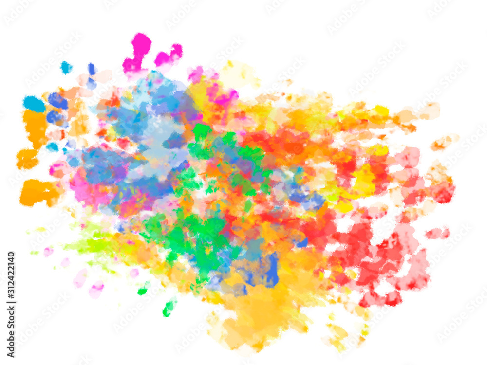 Multicolored watercolor paint splashes with stains in impressionist style. Digital abstract illustration artwork isolated on white background with copy space.