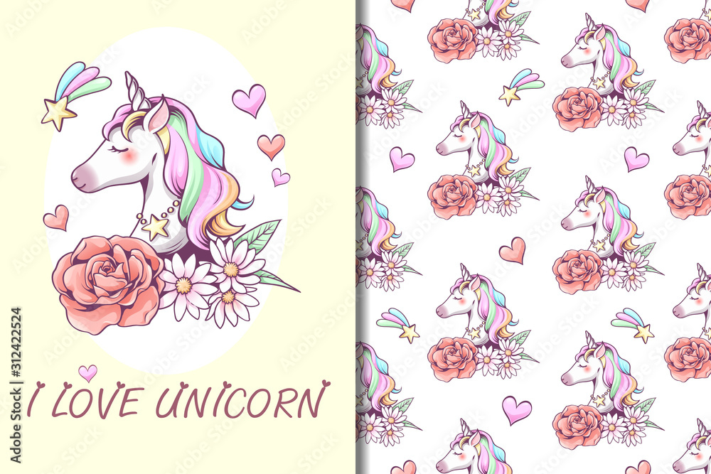 Seamless pattern and wallpaper template unicorn set, heart, star and ...