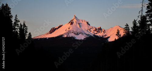 Canvastavla Mount Jefferson Alpenglow at Sunset with Silhouetted Pine Forest, Oregon