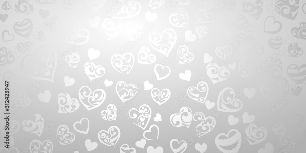 Background of big and small hearts with ornament of curls, in gray and white colors