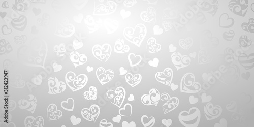 Background of big and small hearts with ornament of curls, in gray and white colors