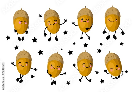 Acorn. Walnut with oak character. Cute cartoon acorn with arms and legs. Set of nuts Isolated on a white background..