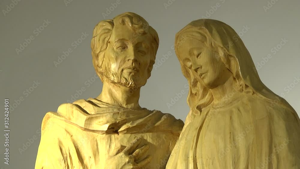 Statues carved of wood. Worship Holy Mary, Jesus Christ. Olden wooden