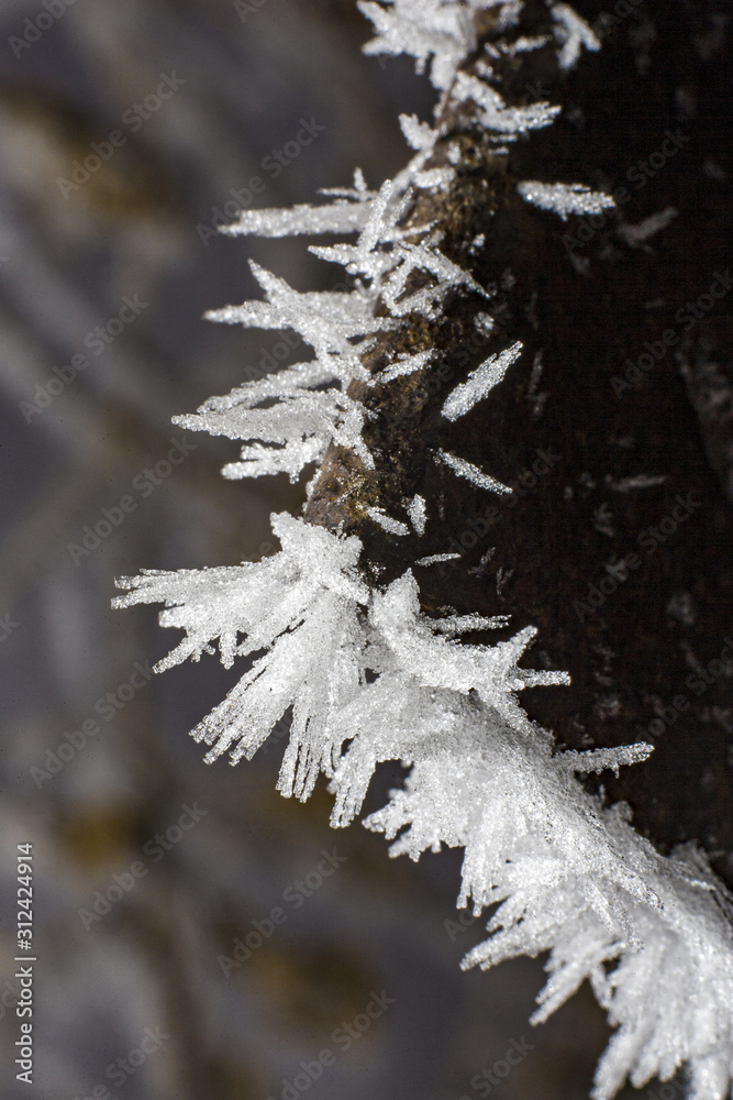 Crystals of snow. Frost on metal in frost