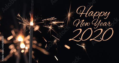 Happy New Year 2020 Wishes greeting card with firework sparkles in black background