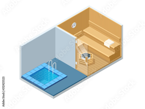 Isometric Sauna interior and cold pool. Empty Finnish Sauna, classic wooden sauna. Wooden benches and loungers accessories for sauna, spa complex in the hotel