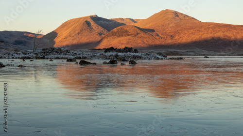 reflections of mountains on frozen lake