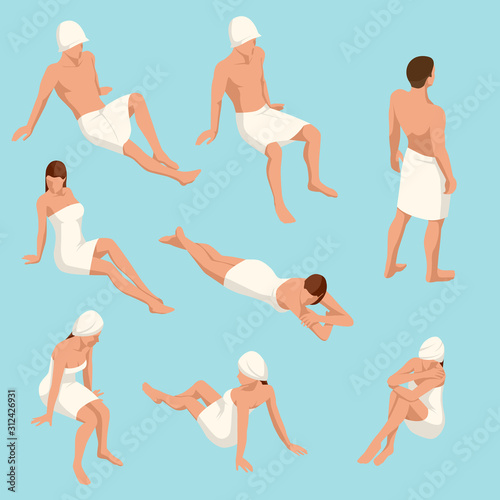 Isometric set of people in different poses for sauna design isolated on a light background. People enjoying hot steam procedures