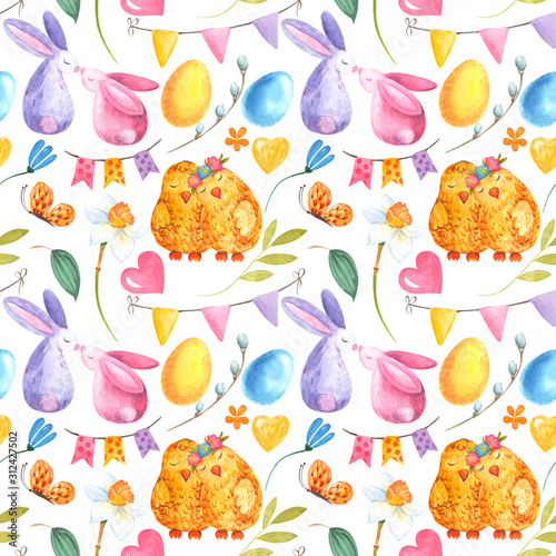 Fototapeta Naklejka Na Ścianę i Meble -  Seamless pattern with Easter rabbit, chicken, chicks, flowers, leaves, eggs, watercolor painting, pattern on isolated white background. Fabric wallpaper print texture. Stock illustration.