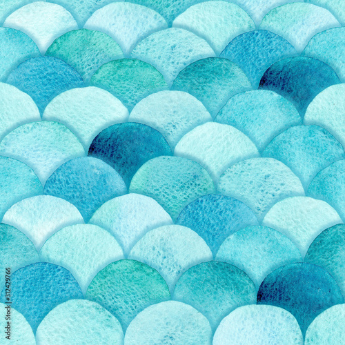 Magic aquamarine Watercolor Mermaid scales, imitation fish scales background. Abstract  reptilian scales. Perfect for print design for background, poster, greeting card, invitation.