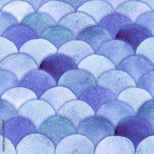 Magic Blue classic Watercolor Mermaid scales, imitation fish scales background. Abstract  reptilian scales. Perfect for print design for background, poster, greeting card, invitation.