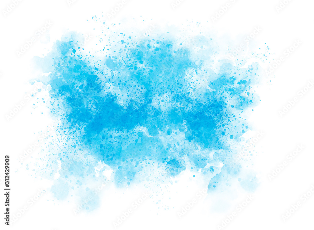 Blue watercolor cloud background with lots of small stains. Ethereal delicate backdrop on white. Digital abstract illustration artwork with copy space.