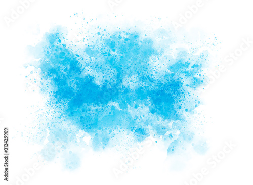 Blue watercolor cloud background with lots of small stains. Ethereal delicate backdrop on white. Digital abstract illustration artwork with copy space.