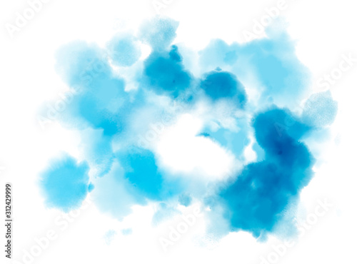 Blue watercolor cloud background. Ethereal delicate backdrop on white. Digital abstract illustration artwork with copy space. © Ole