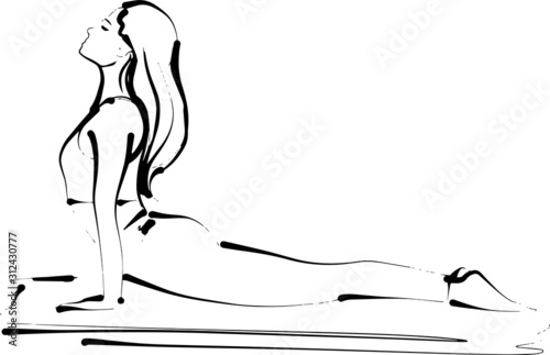 Vector ink line drawing illustration of  a young woman doing yoga. Black and white ink pen freehand drawing