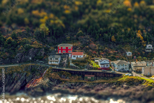 Village on rocky shore below Signal Hill Newfoundland tilt shit perspective nobody