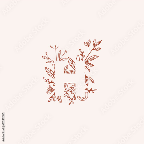 Negative space letter with flowers vector illustration. Isolated letter H made of flowers in elegant style. Outline of the eighth letter of alphabet with thin floral background