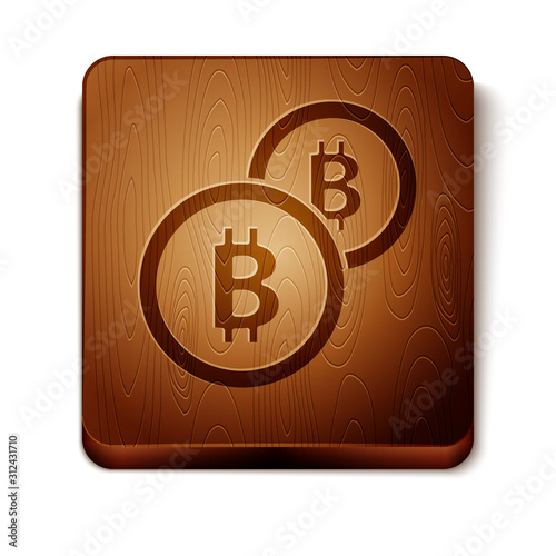 Brown Cryptocurrency coin Bitcoin icon isolated on white background. Physical bit coin. Blockchain based secure crypto currency. Wooden square button. Vector Illustration