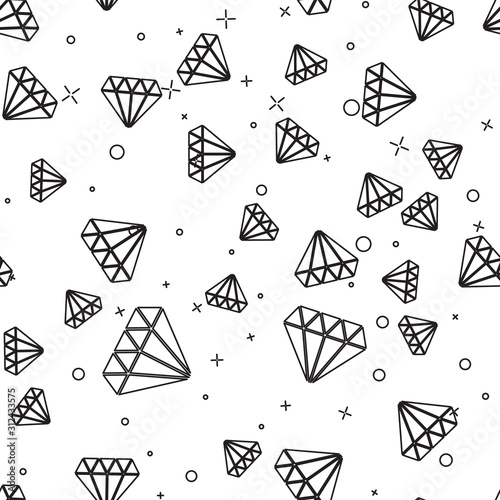 Black line Diamond icon isolated seamless pattern on white background. Jewelry symbol. Gem stone. Vector Illustration