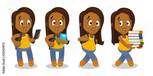 Vector set with nice afro-american young woman, bookworm, reader, booklover in different poses.