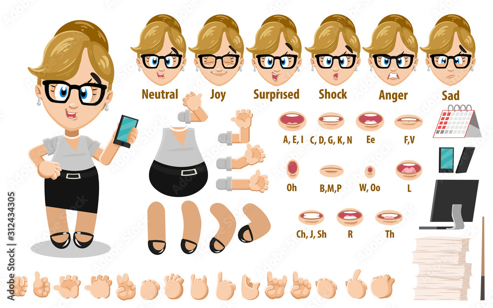 Cartoon blond secretary constructor for animation. Parts of body, set of  poses, objects. Stock Vector | Adobe Stock