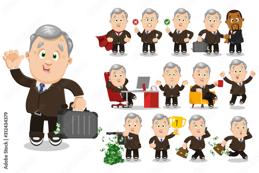 Papier peint Big vector cartoon set with silver haired senior businessman in different situations