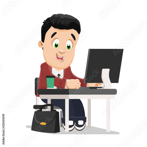 Young brunet employee spending time at working place.