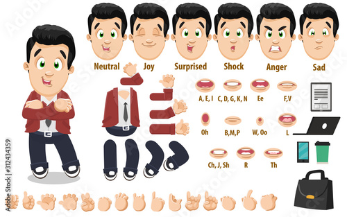 Cartoon young businessman constructor for animation. Parts of body, set of poses, objects.