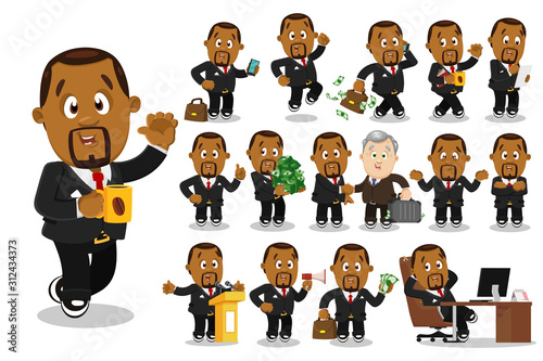 Big vector cartoon set with afro-american businessman in different situations.
