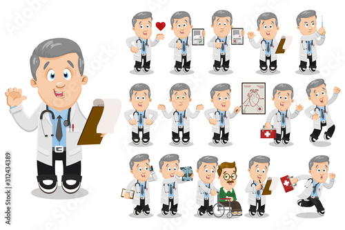 Big vector cartoon set with silver haired physician, doctor in different situations.