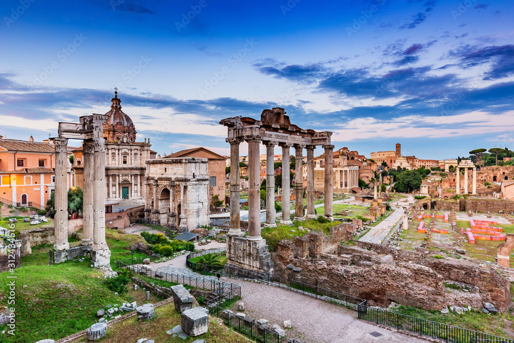 Rome, Italy. Ancient Roman Forum at sunset.