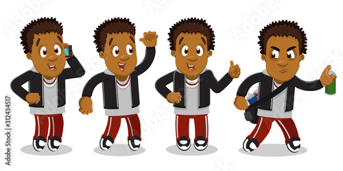 Vector set with emotions and gestures of afro-american curly guy, student in hoody and sweatpants.
