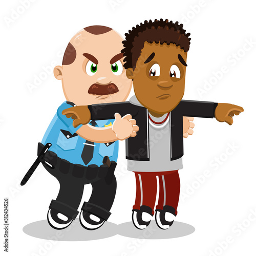 Plump mustached policemen arresting and patting down afro-american guy.