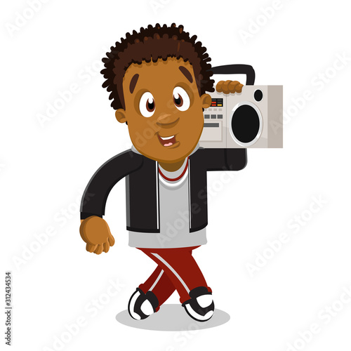 Cute curly afro-american teen going with boom box on shoulder.