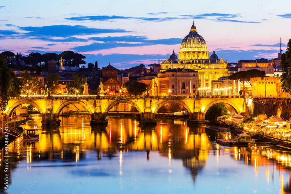 Vatican City. Saint Peter Basilica and Sant'Angelo Bridge, over Tiber river. 