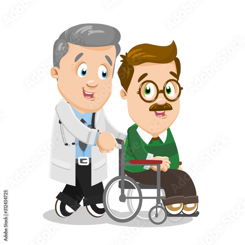 Silver haired nurse man, doctor accompanying disabled patient in wheelchair.