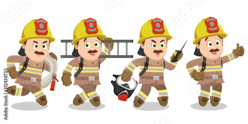 Working day highlights of professional fireman in uniform and hardhat.