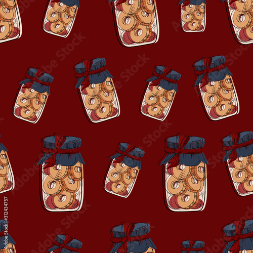 Vector banks pattern with cookies. Image on red background. The image can be used for websites, web design, postcards, ladders, wallpapers, prints, print on fabric, shop windows, cafes.