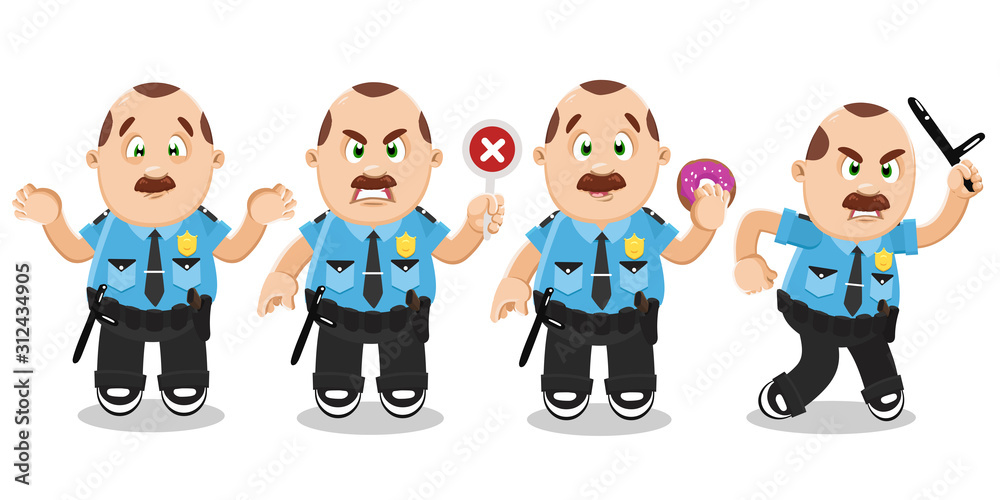 Vector set with mustached policeman in blue uniform in different mood and poses. Vector set with mustached policeman in blue uniform in different mood and poses.