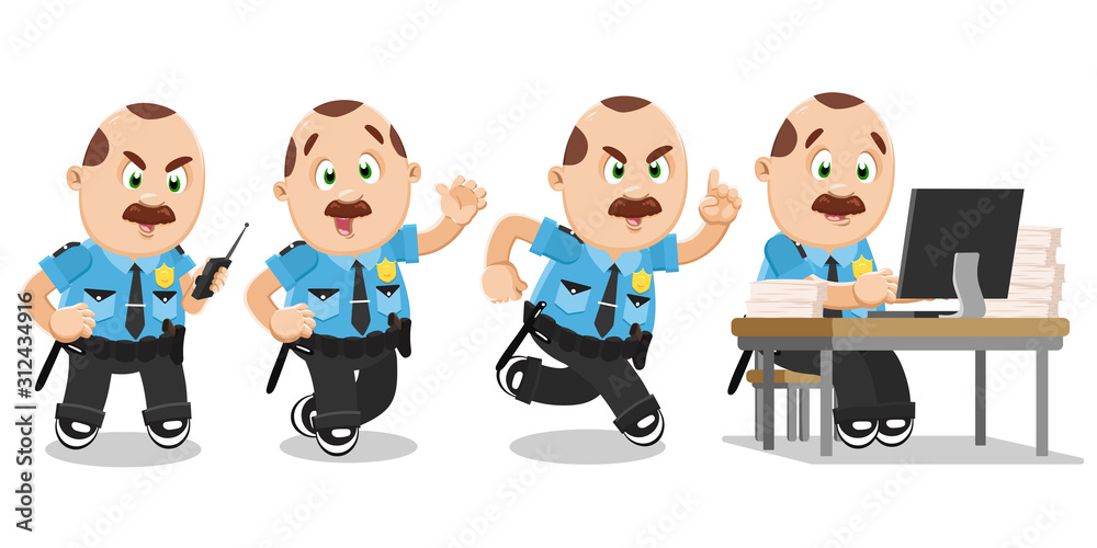 Typical day highlights of plump mustached police officer in blue uniform.