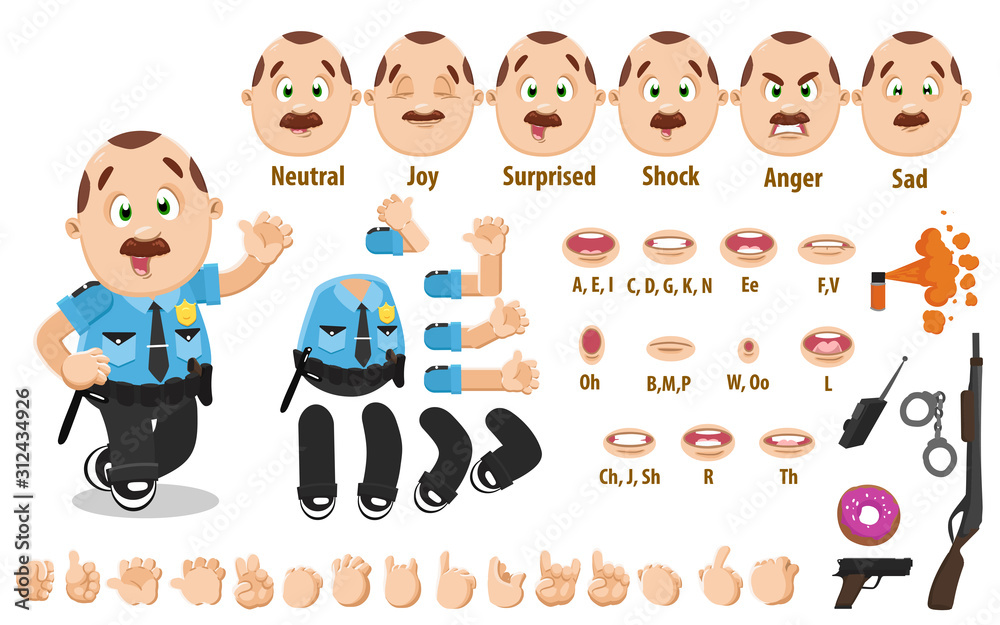 Cartoon mustached policeman constructor for animation. Parts of body, set of poses, objects. Cartoon mustached policeman constructor for animation. Parts of body, set of poses, objects.