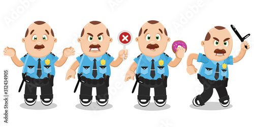 Vector set with mustached policeman in blue uniform in different mood and poses.