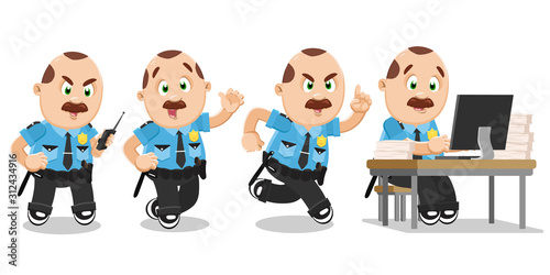Typical day highlights of plump mustached police officer in blue uniform.